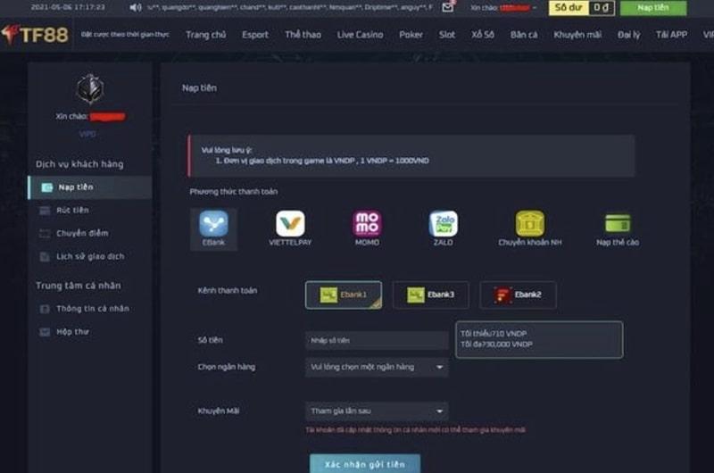 Một số cách nạp tiền TF88 thông dụng nhất hiện nay